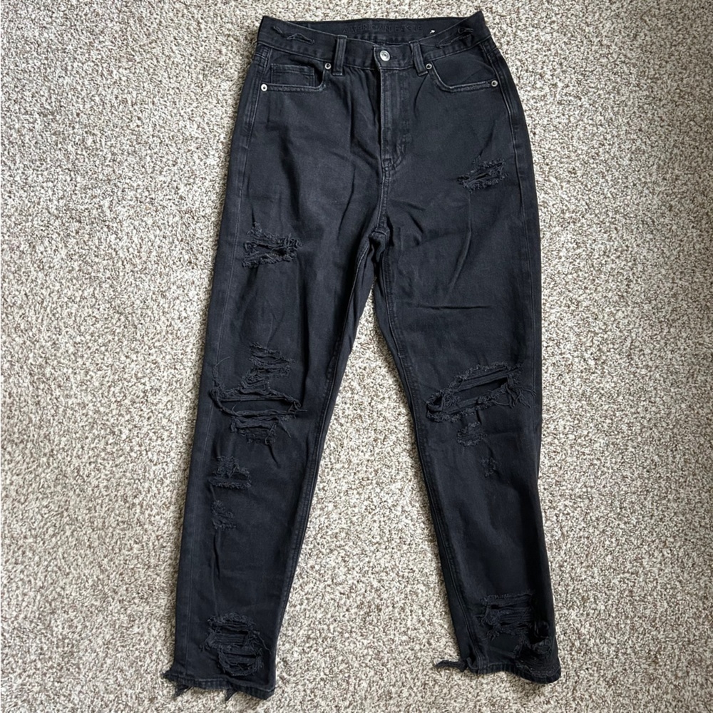 American Eagle Outfitters Black Distressed High Rise Mom Jeans Size 4 Denim